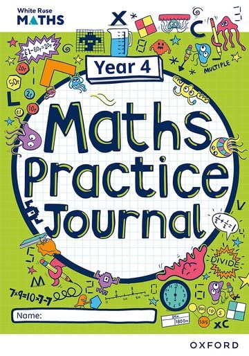 White Rose Maths Year 4 practice journal cover with colorful math-themed doodles on green.