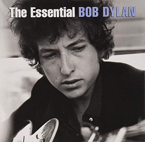 Black and white portrait of Bob Dylan with a guitar.
