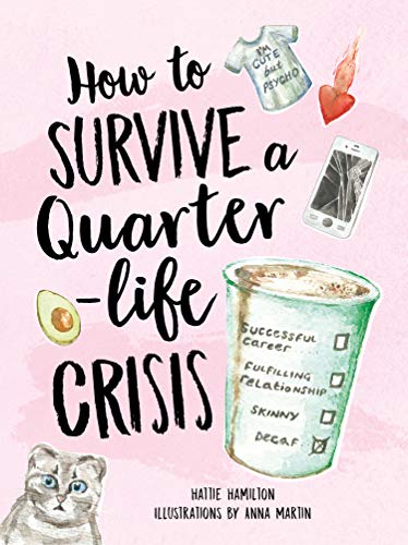 Book cover with handwritten text, avocado, kitten, and broken phone illustration.
