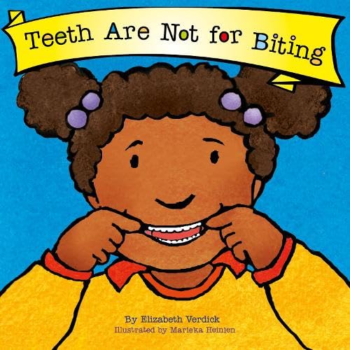 Book cover: child with pigtails, smiling, and title "Teeth Are Not for Biting".