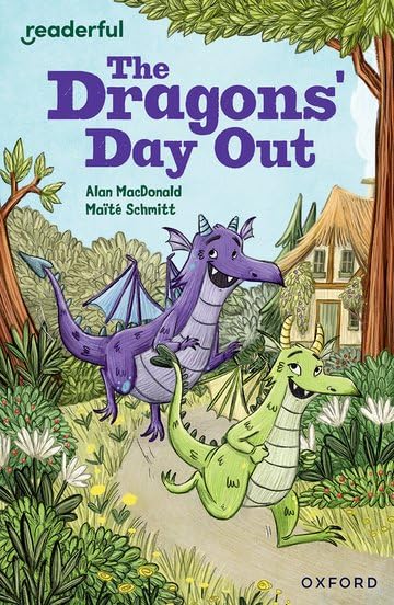 Book cover: two colorful dragons running towards a thatched-roof house.