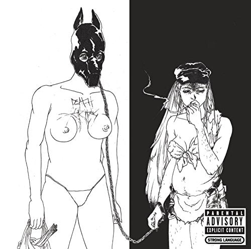 Black and white sketch of two figures, one wearing a mask and chains.