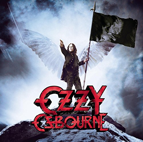 Ozzy Osbourne album cover with a winged figure and black flag.