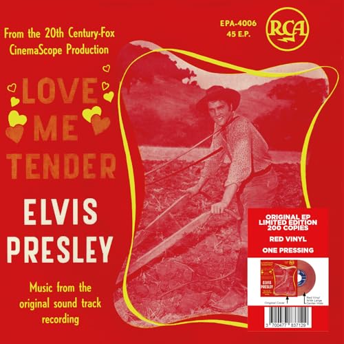Elvis Presley "Love Me Tender" 7-inch vinyl record cover, red and white.