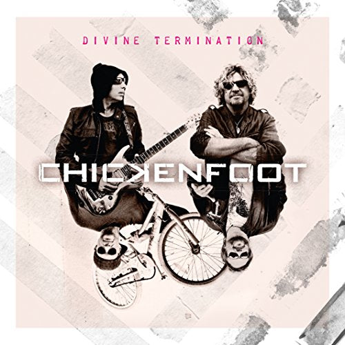 Black and white album cover featuring two musicians and a child’s bicycle.