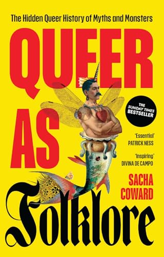 Book cover with queer mythology theme, featuring colorful illustrations of mythical creatures and symbols.