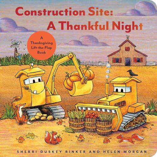 Cartoon construction vehicles with faces harvest pumpkins and produce on a farm at sunset.
