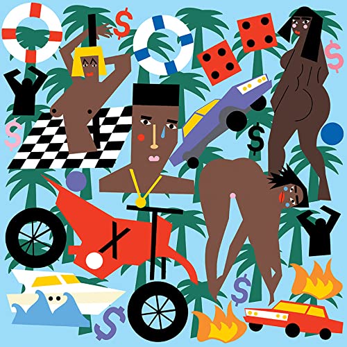 Album cover for Meek Mill’s “Expensive Pain” featuring stylized figures and objects.