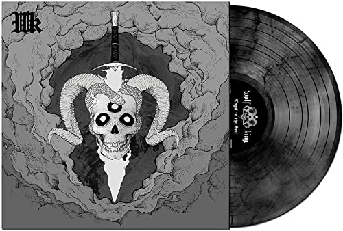 Vinyl record with skull and sword artwork, marbled black and grey.
