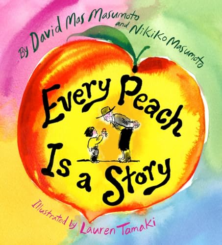 Peach-shaped book cover with illustration of a child and an older person.