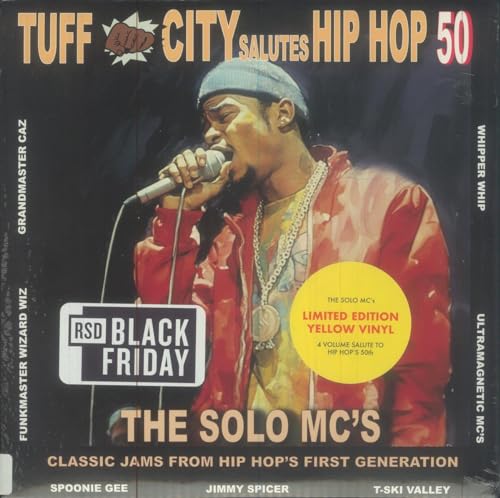 Vinyl record cover featuring a rapper with a microphone, split yellow/red disc.