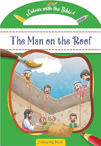 Colouring book cover titled The Man on the Roof showing men lowering a person.