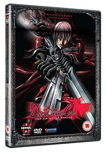 Anime character Dante holding a large sword and pistol on a Devil May Cry DVD.