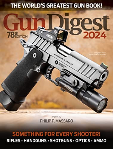 Gun Digest 2024 cover featuring a silver handgun with accessories.