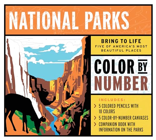 National Parks Color by Number Kit : Bring to Life Five of America's Most Beautiful Places – Includes: 5 Colored Pencils with 10 Colors, 5 Color-by-Number Canvases, Companion Book with Information on