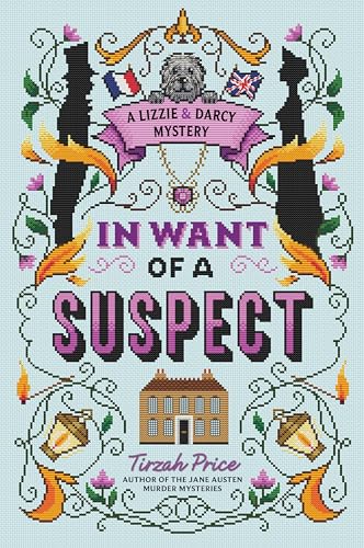 Book cover with embroidered design, title “In Want of a Suspect”, and a dog.