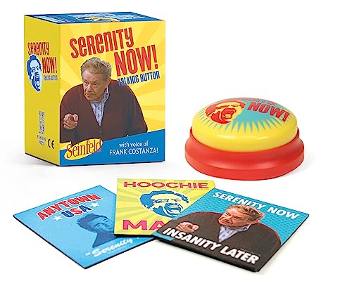 Serenity Now talking button with box and three square cards featuring Frank Costanza.