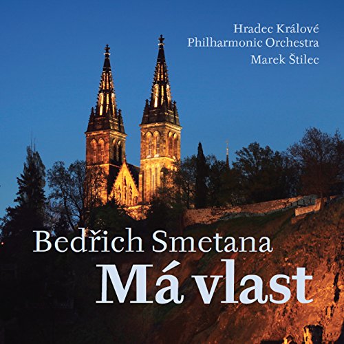 CD cover featuring a lit cathedral at dusk with text “Má vlast”.