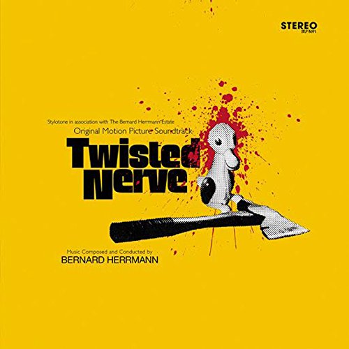 Yellow album cover for "Twisted Nerve" soundtrack with a cartoon and axe.