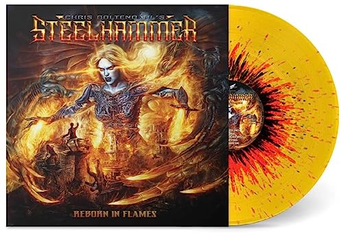 Vinyl record cover art with a fiery goddess and a yellow, orange, black splatter disc.