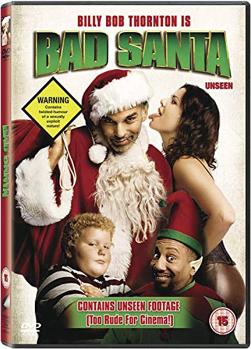 Bad Santa" DVD cover featuring Billy Bob Thornton as a disheveled Santa.