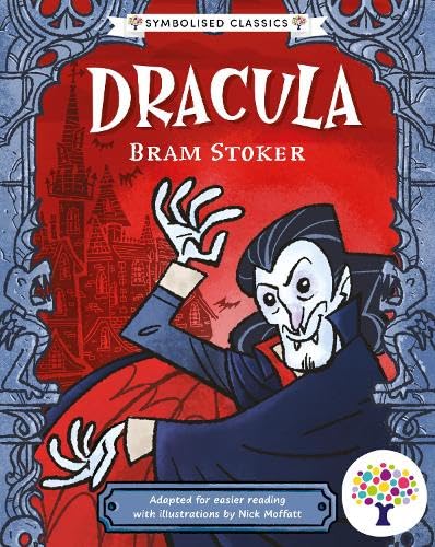 Book cover for Dracula by Bram Stoker featuring a cartoon vampire against red background.