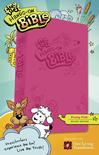 Pink children’s Bible with cartoon animals and colorful illustrations.
