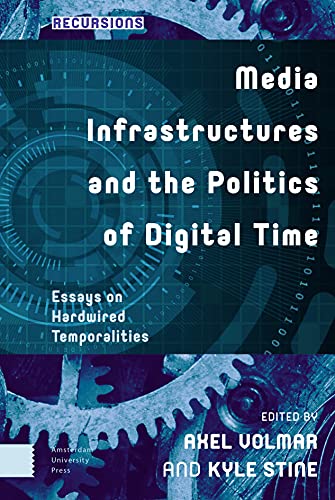 Book cover with gears, binary code, and title: "Media Infrastructures...