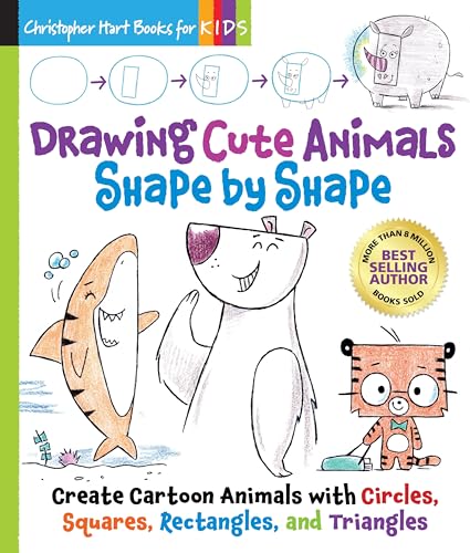 Drawing Cute Animals Shape by Shape : Create Cartoon Animals with Circles, Squares, Rectangle, and Triangles – Easy Way to Learn to Draw Dolphins, Pandas, Hermit Crabs, Dogs, Cats, and More Book for K