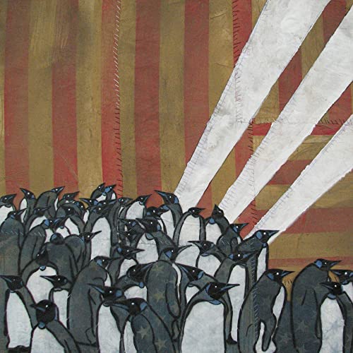 Stylized illustration of a crowd of penguins under three white spotlightsCLL beams of light.