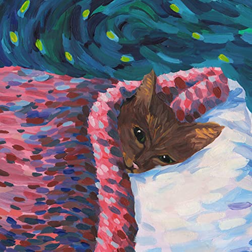 Painting of a brown cat peeking out from pink and white bedding.