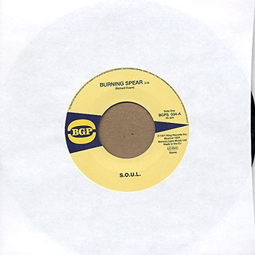 Yellow vinyl record label with "Burning Spear" and "S.O.U.L." text.