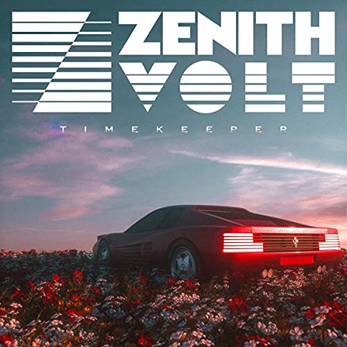 Album cover for Zenith Volt - Timekeeper, featuring a red car and sunset.