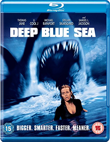 Blu-ray cover for “Deep Blue Sea” featuring a shark and a swimmer.