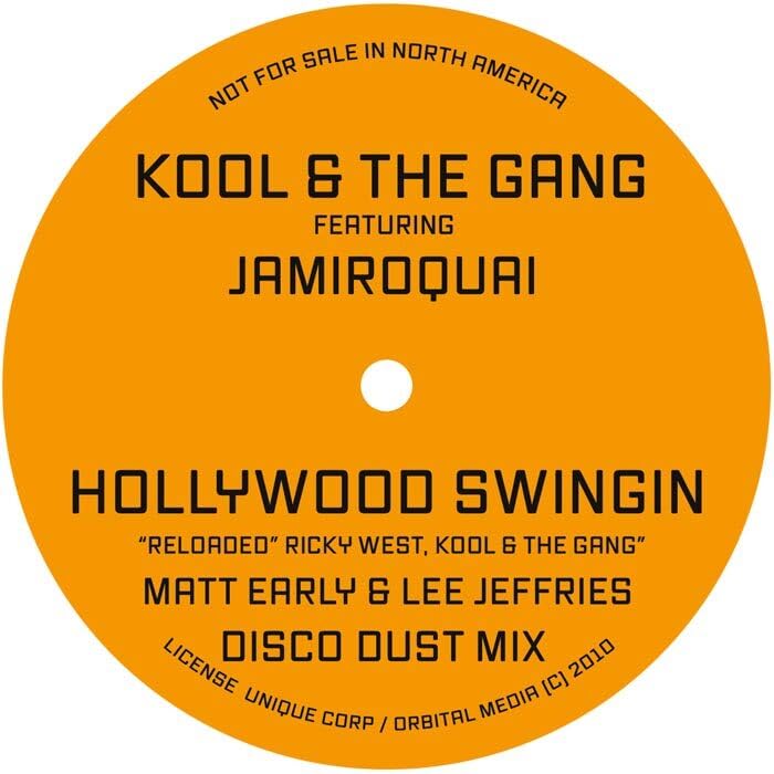 Orange vinyl record label with "Kool & The Gang" and "Jamiroquai" text.