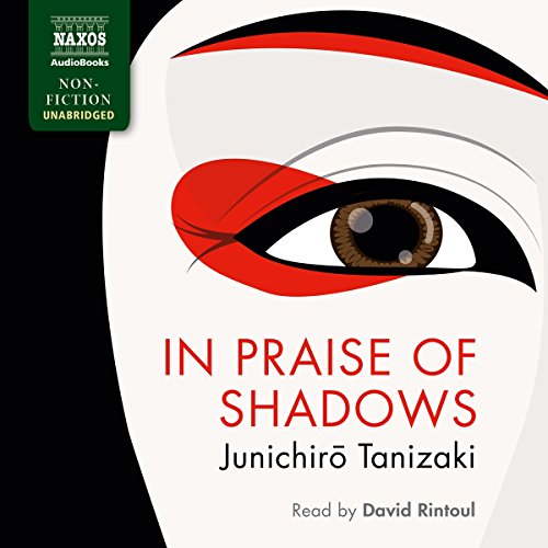 Audiobook cover: stylized face with red eye, title “In Praise of Shadows”.
