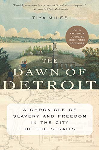 Book cover depicting a historic Detroit landscape with title "Dawn of Detroit.