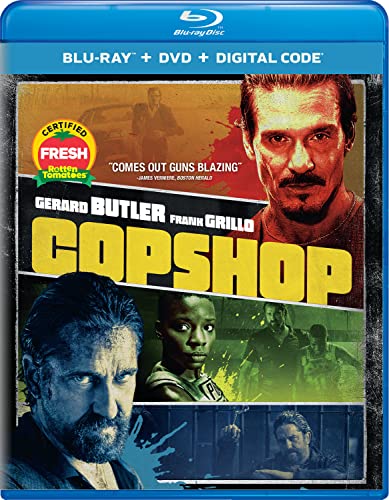 “Copshop” Blu-ray cover featuring Gerard Butler and Frank Grillo, action thriller.