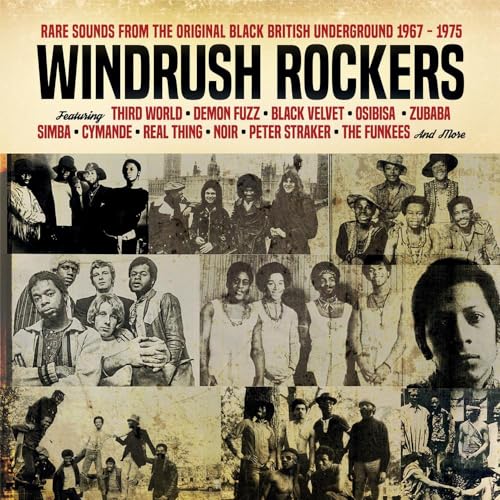 Album cover for “Windrush Rockers” featuring a collage of Black British musicians.