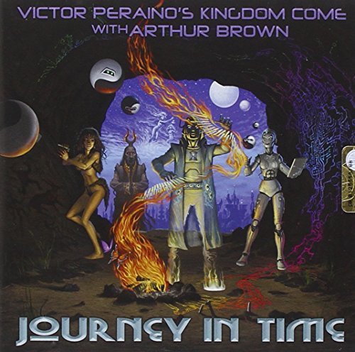 CD cover featuring a robotic figure, a woman, and a horned man near fire.