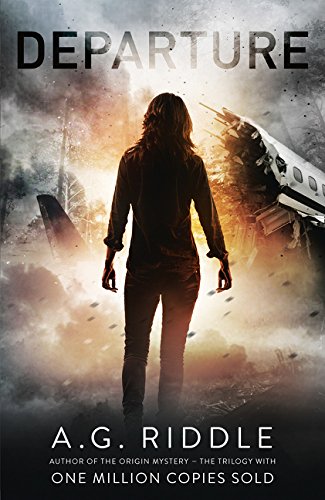 Book cover: woman looking at plane wreckage, dramatic lighting, titled "Departure".
