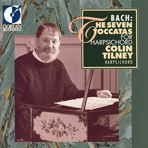 Colin Tilney playing the harpsichord on a CD cover with marbled green background.