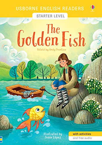 Book cover: "The Golden Fish" depicts a boy, a boat, and a golden fish.