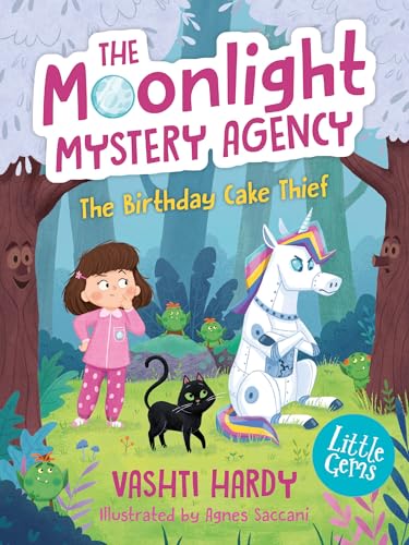 A girl, a black cat, and a robot unicorn stand in a forest.