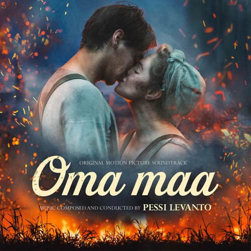 CD cover for “Oma Maa” soundtrack, showing a couple embracing amid flames.