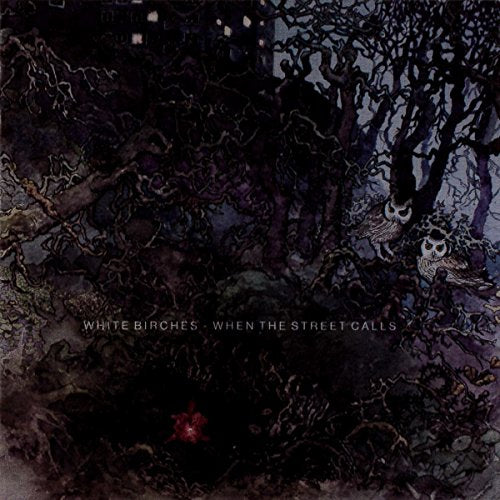 Dark, textured album cover with birch trees, an owl, and a red leaf.