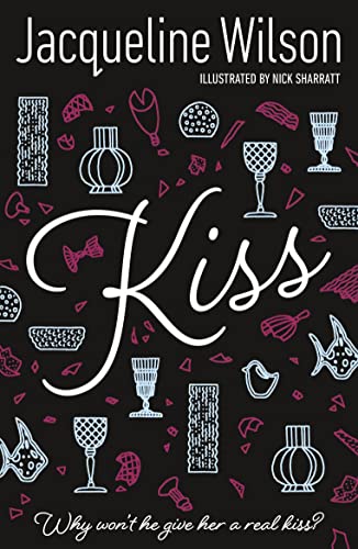 Book cover with 'Kiss' in white, surrounded by perfume bottles and hearts on black background.