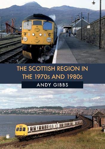 Vintage diesel train at a station, Scottish landscape backdrop.