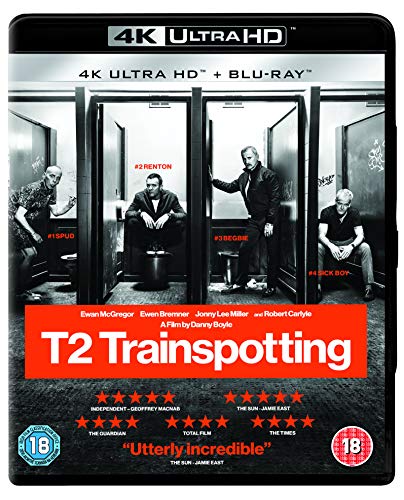 T2 Trainspotting" Blu-ray cover with four men in bathroom stalls.