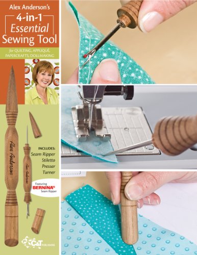 Wooden sewing tool with seam ripper, stiletto, presser, and turner tips.
